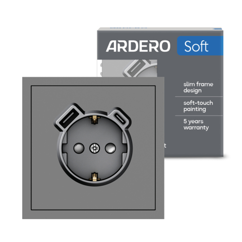 Розетка з додатковими виходами USB/Type-C Ardero ER123USB-G Soft 18W/20W із заземленням сіра