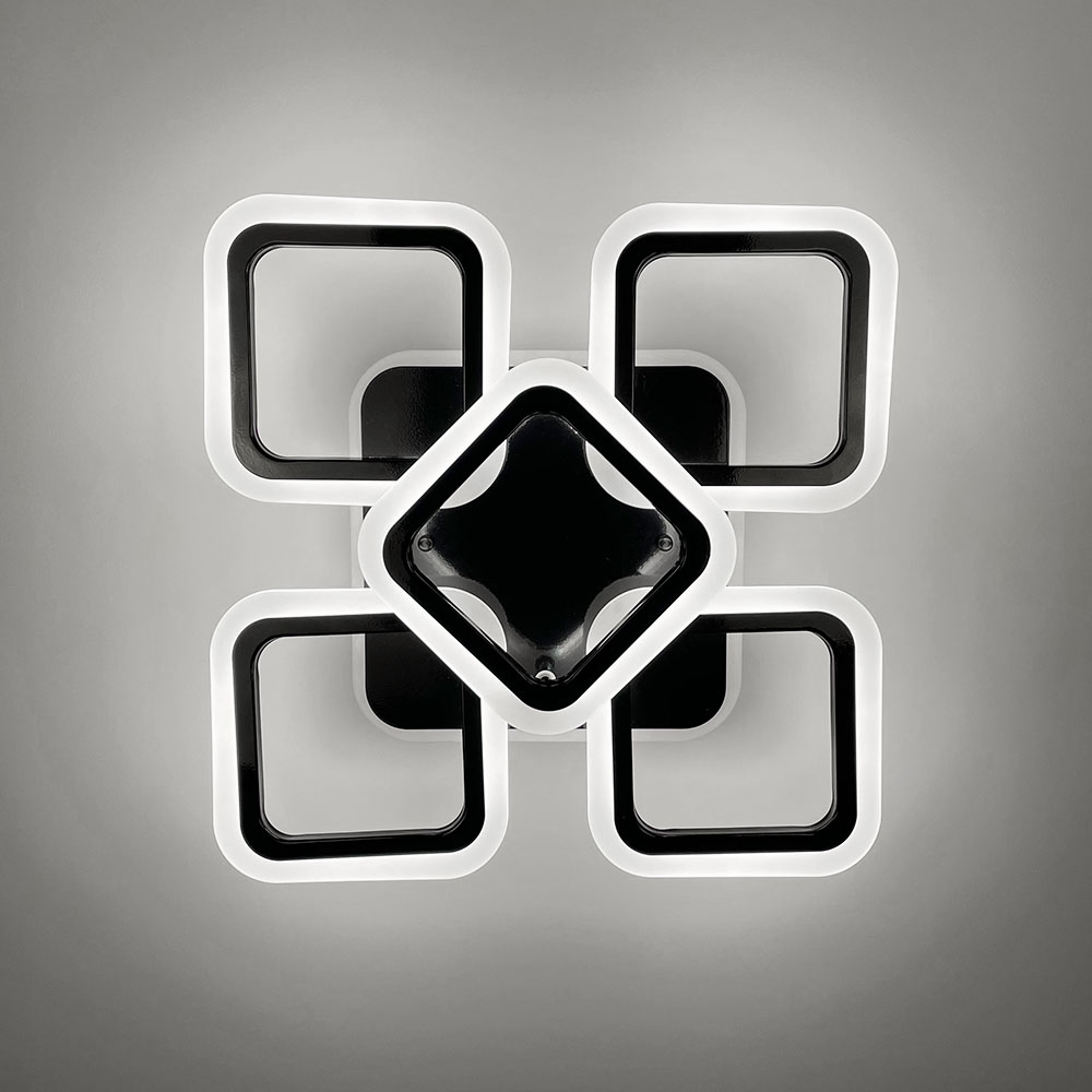 Стельова чорна люстра LED на 4+1 ріжки-квадрати