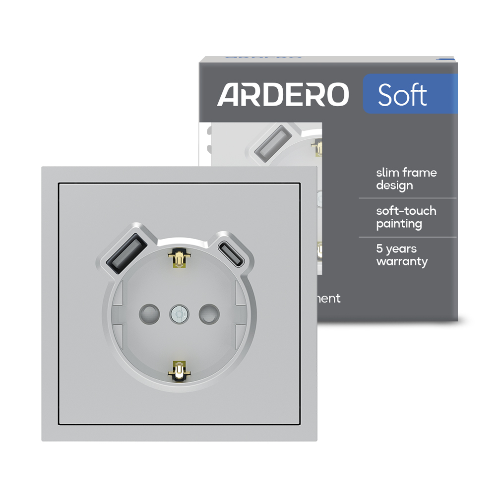 Розетка з додатковими виходами USB/Type-C Ardero ER123USB-S Soft 18W/20W із заземленням срібна